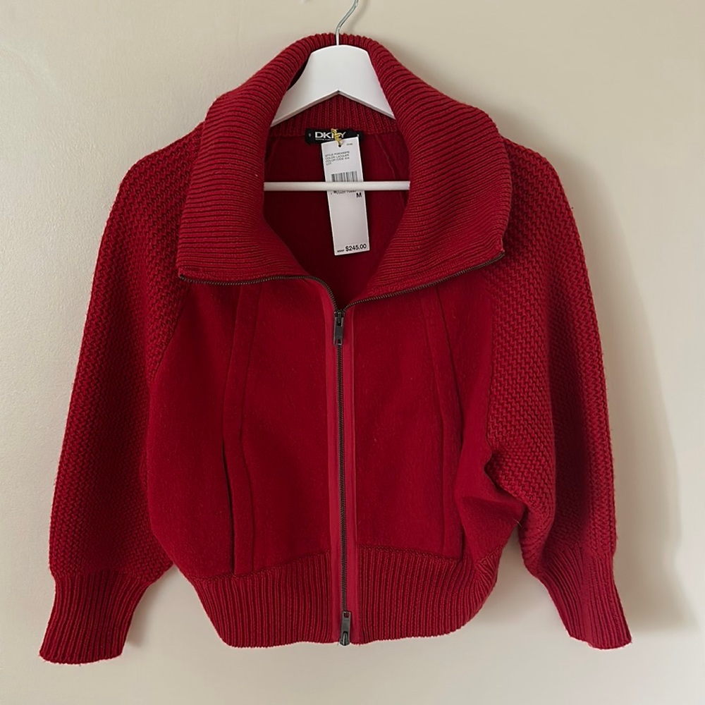 Dkny cropped medium wool zip-up sweater jacket NWT!